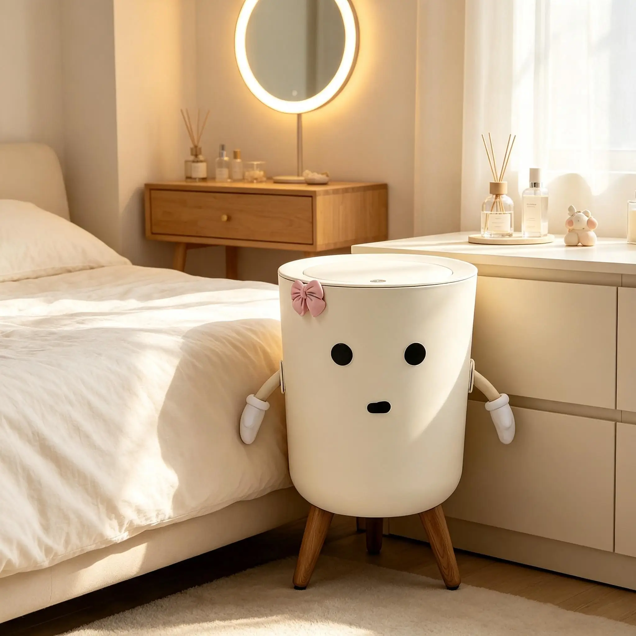 Cute Kawaii Cartoon Press‑Top Trash Can with Lid, Plastic Decorative Garbage Bin with Movable Arms & Pink Bow‑Knot, Raised 3‑Leg Aesthetic Waste Bucket for Bedroom, Dorm, Living Room, Home Office