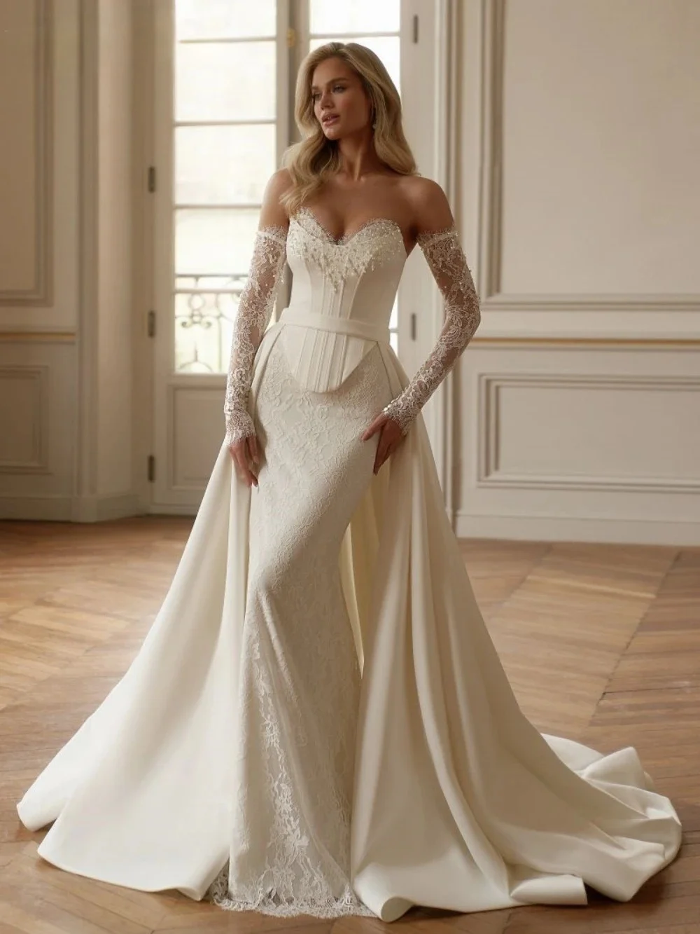 

Customized Detachable Train Sleeve Wedding Dress Sweetheart Neck Bridal Gown Pearls Lace Dresses For Bride