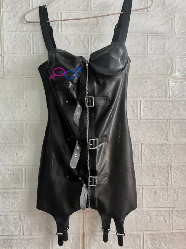 Latex Costumes tight Bondage sexy Corset 0.4mm thickness with zipper Lace suspenders Belt Bra version