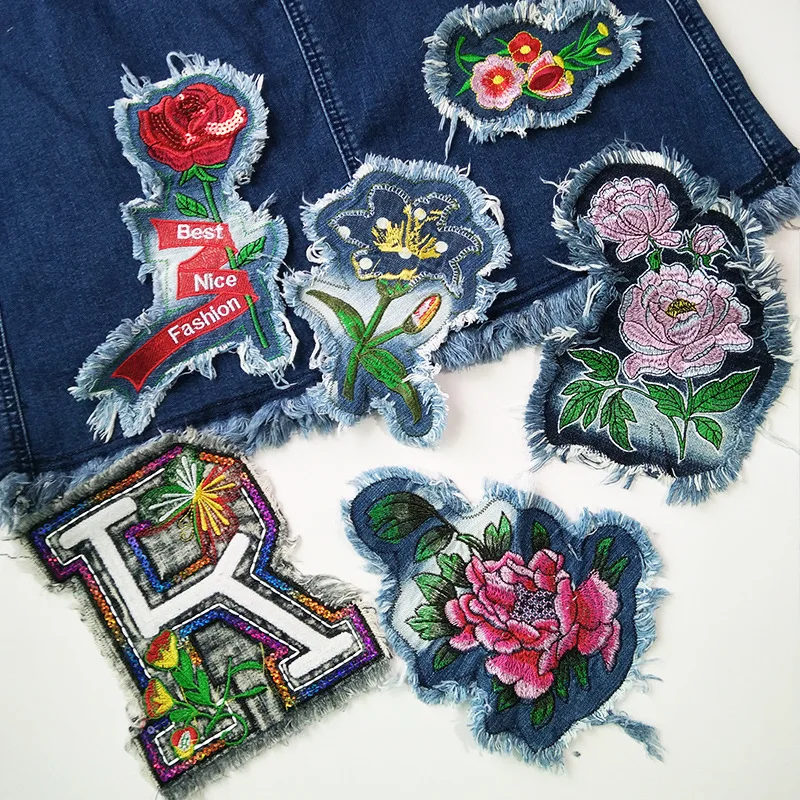 

Fashion Denim Rose Flowers Letter Brushed Edge Big Patch Cool Jeans Knee Holes Patch Applique Hippie Anime Punk Embroidery DIY