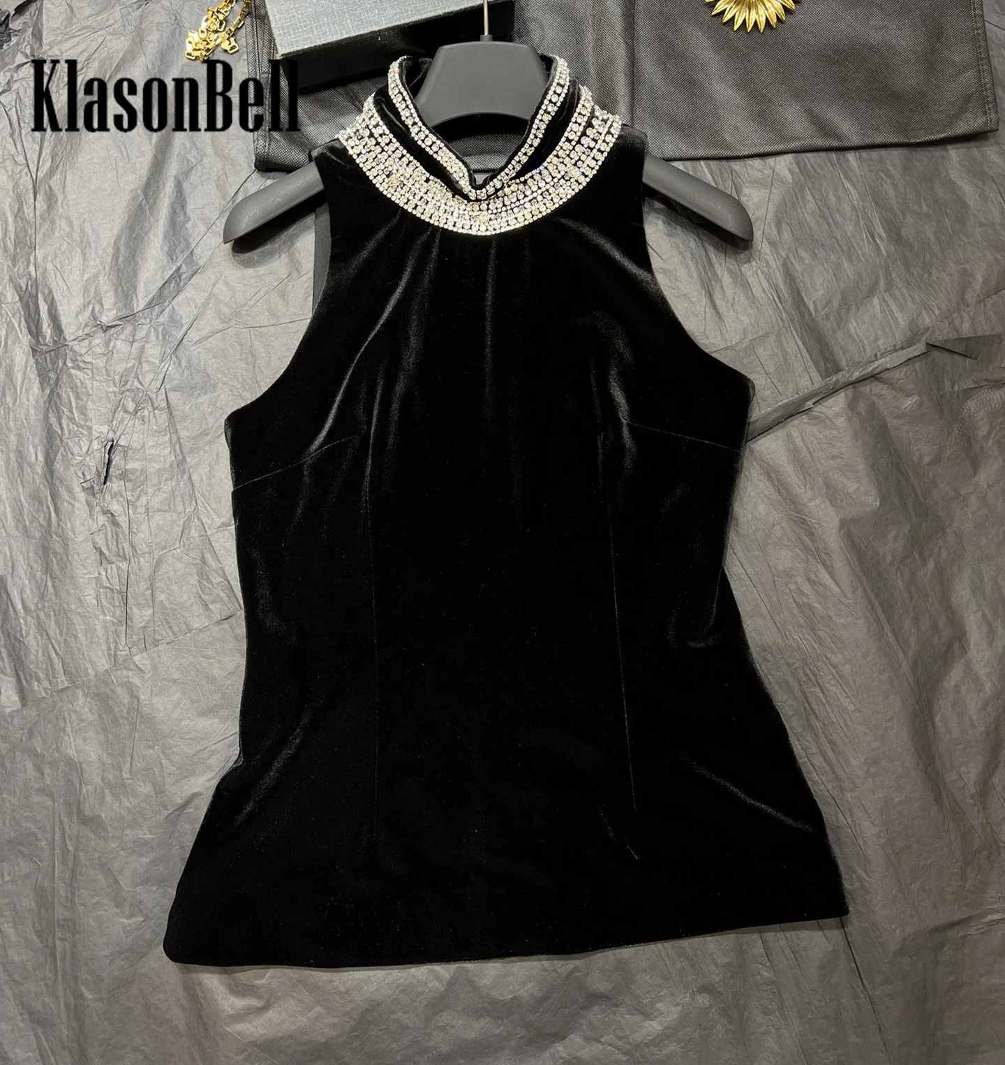 8.17 KasonBell Women New Luxury Bling Diamond Hand Beading Velvet Vest Elegant Temperament Sexy Backless Turtleneck  Tank Top