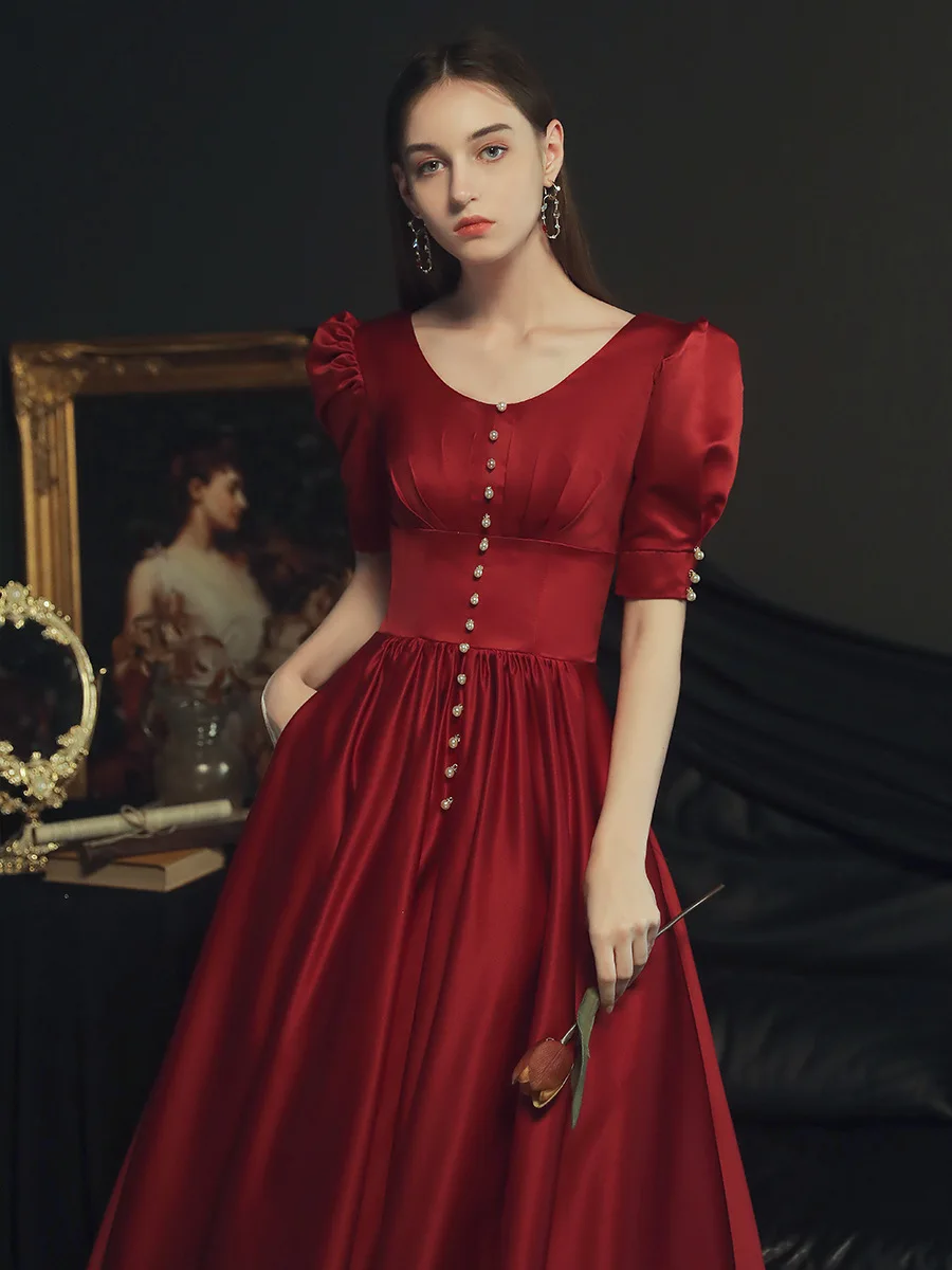 Vestido De Noche De satén rojo vino Vintage, elegante, manga corta, sencillo, largo, para fiesta De graduación