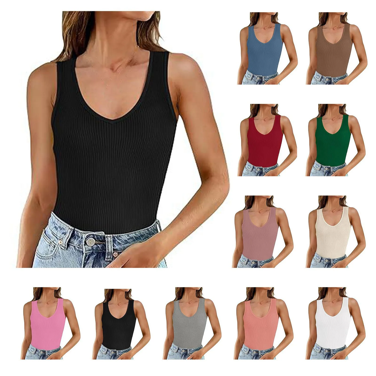 Women'S Pit Strips Vest Solid  V-Neck High Elasticity Workout Sleeveless Tops Summer Daily Commute Casual All-Match Slim Tanks