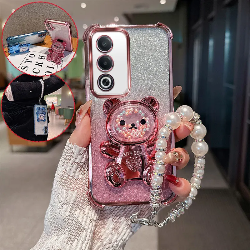 Niedliche Bären-Cartoon-Hülle mit Perlenband, stoßfeste Glitzer-Handyhülle für Oppo A3 Pro A3pro A80 K12x 5G Rückseite