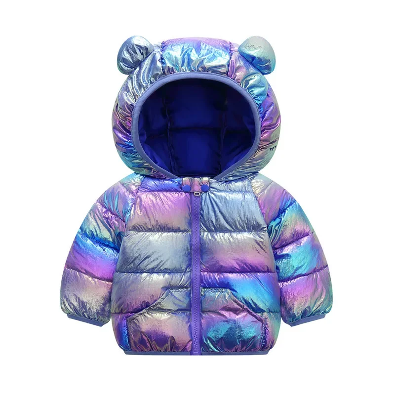 Kids Jacket Girl Winter New Colorful Glossy Hooded Warm Down Overcoat Thickening 0-6 Year Old BeiBei Fashion Children's Clothing