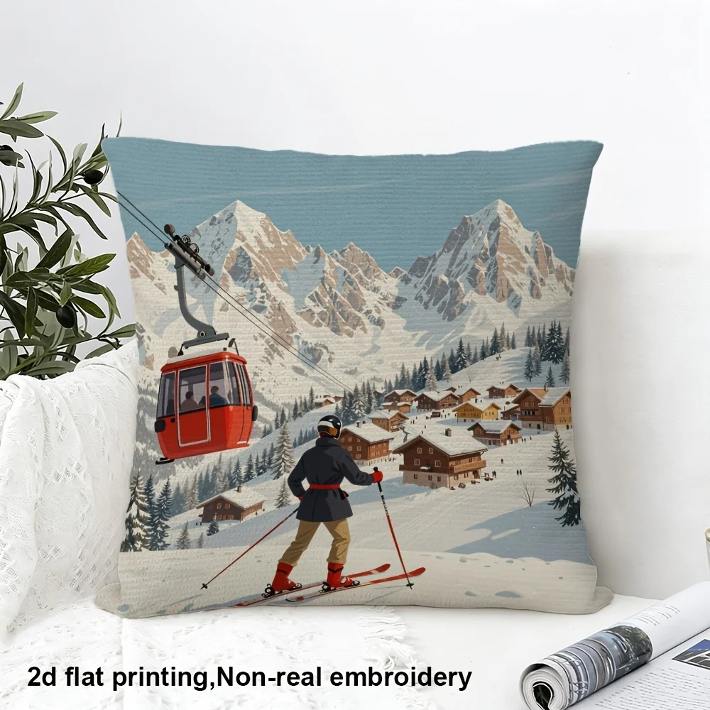 2D Flat Printing, 1pc, Christmas Decorative Pillowcase, Winter Mountain Ski Resort with Cable Car, Double-sided Printing, Polyester, Decorative Pillow Cover Living Room Home Bedroom Pillowcase, Pillowcase, 2D Flat