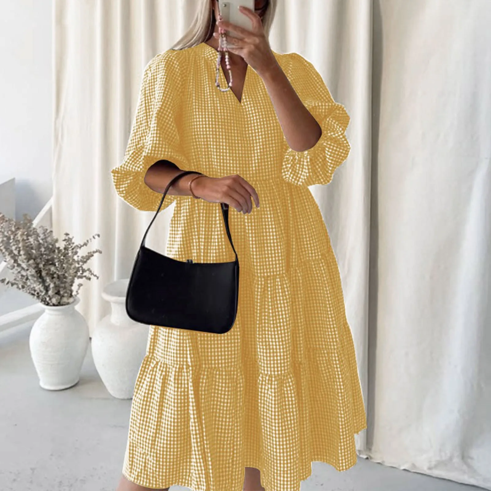 

Vintage Summer Plaid Dress Lantern Sleeve Mid-Calf Dress Beach Bohemian Women's Summer Sundress Casual Vestidos Oversized