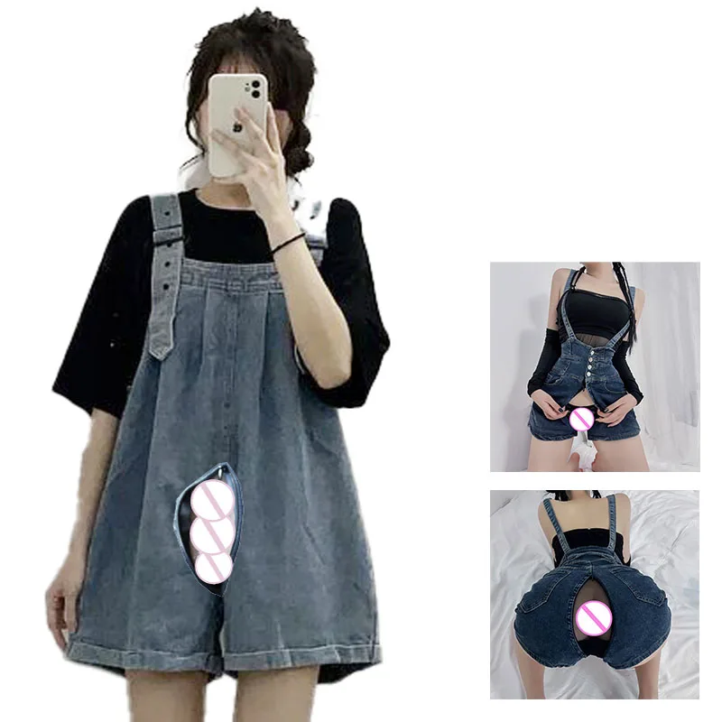 

Summer Invisible Open Outdoor Sex Pants Loose Boyfriend Jeans Jumpsuit for Women Camisole Pants Wide Leg Pants Shorts Overalls