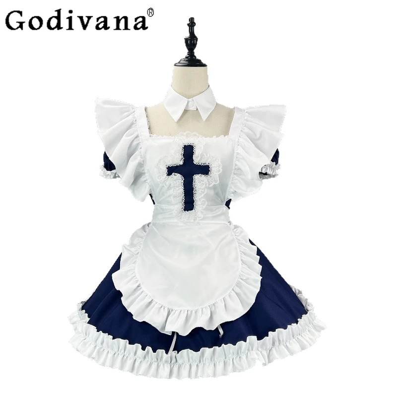 일본 고전 반팔 드레스 소녀 여름 메이드 귀여운 코스프레 의상 드레스 여성 할로윈 역할 놀이 드레스