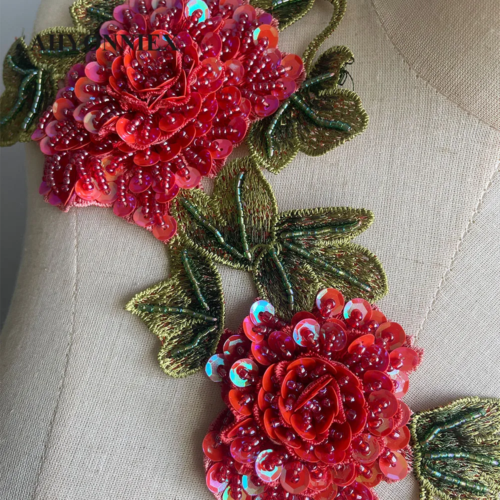 1 Piece 39.5CM Tangerine Embroidered Beaded Sequins Flower Patches Sew On Patch For Evening Dress Decoration Applique