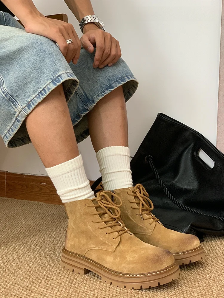 

Желтые уличные мотоциклетные ботинки в стиле ретро, повседневная рабочая обувь, дышащая сетка, круглый носок, низкий резиновый каблук