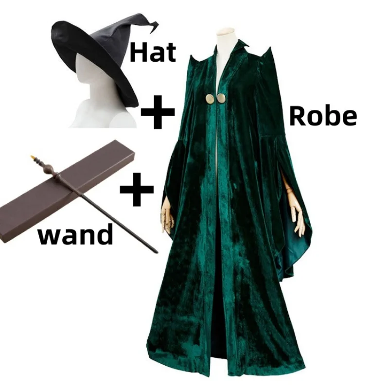 Mcgonagall Professor Costume Adult Women's Witch Halloween Cosplay Costume Movie Wizard Sorceress Cloak Robe Coat Wand Hat