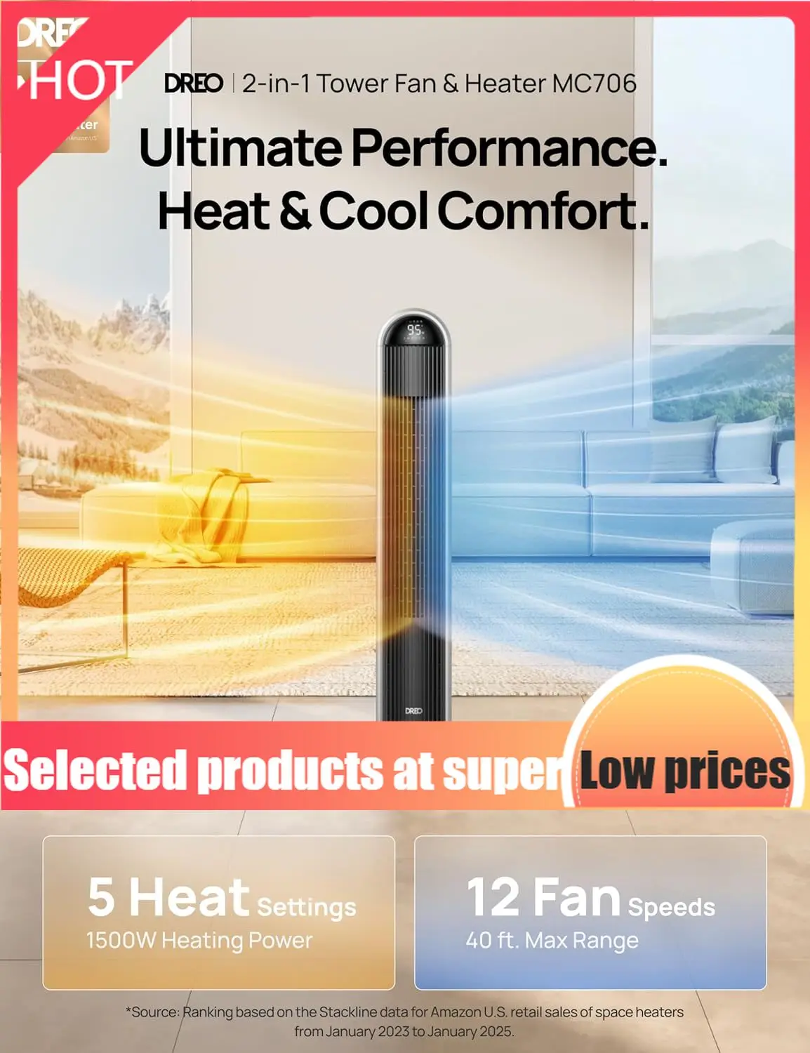 

Competitive Item-Tower Fan And Heater Combo, 29.2ft/s Standing Fans For Bedroom, 17 Levels, 6 Modes, 120° Oscillation, 42 Inch,