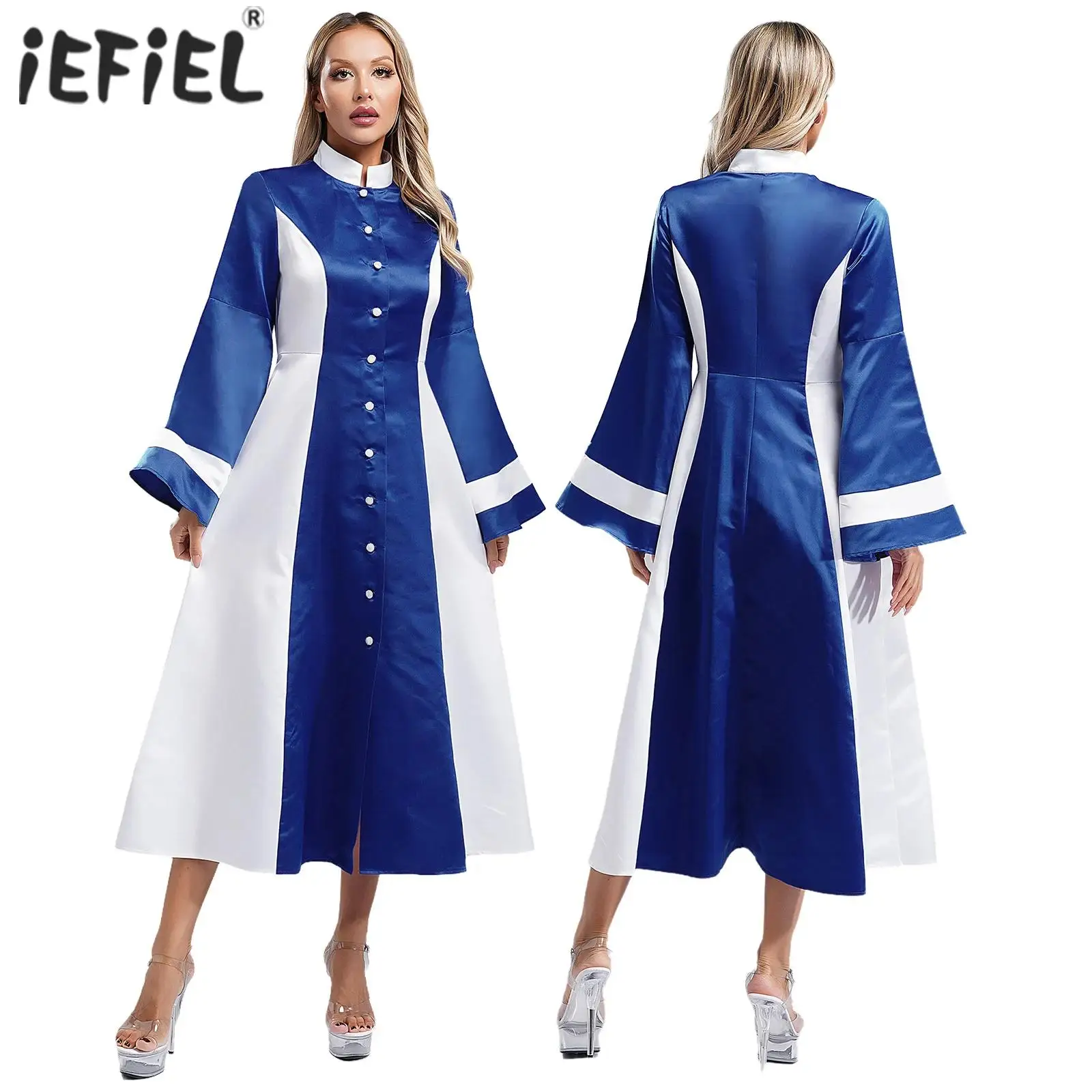 Womens Minister Elegant Church Choir Robe Color Block Stand Collar Flare Sleeve Clergy Maxi Dress Clergy Robes Cosplay Costume