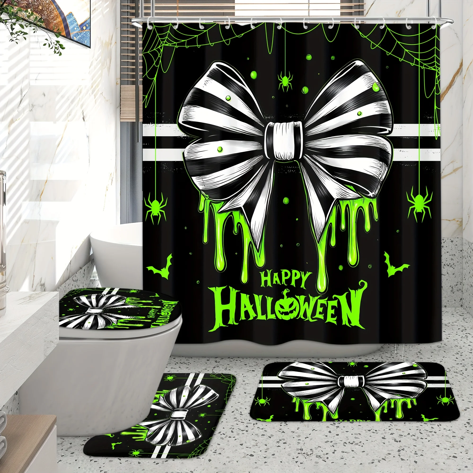 4Pcs Halloween Spider Web Shower Curtain Set, Black White Striped Bow Decor with 12 Hooks, Non-slip Mat , Spooky Gift