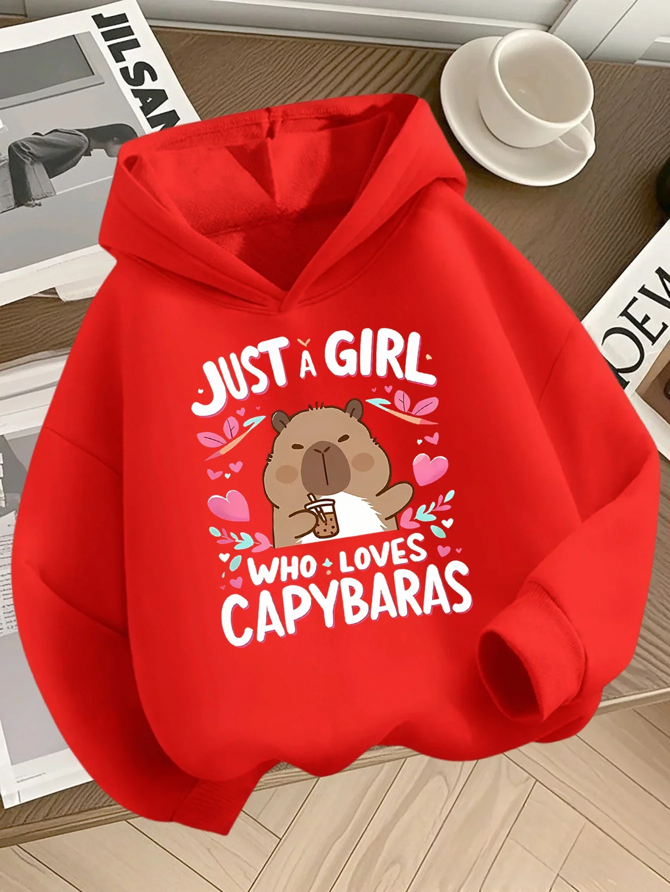 Kawaii Style Girls Fleece Hoodie Autumn Winter Thick Warm Sweatshirt Just A Girl Who Loves Capybaras Print Kids Hooded Top