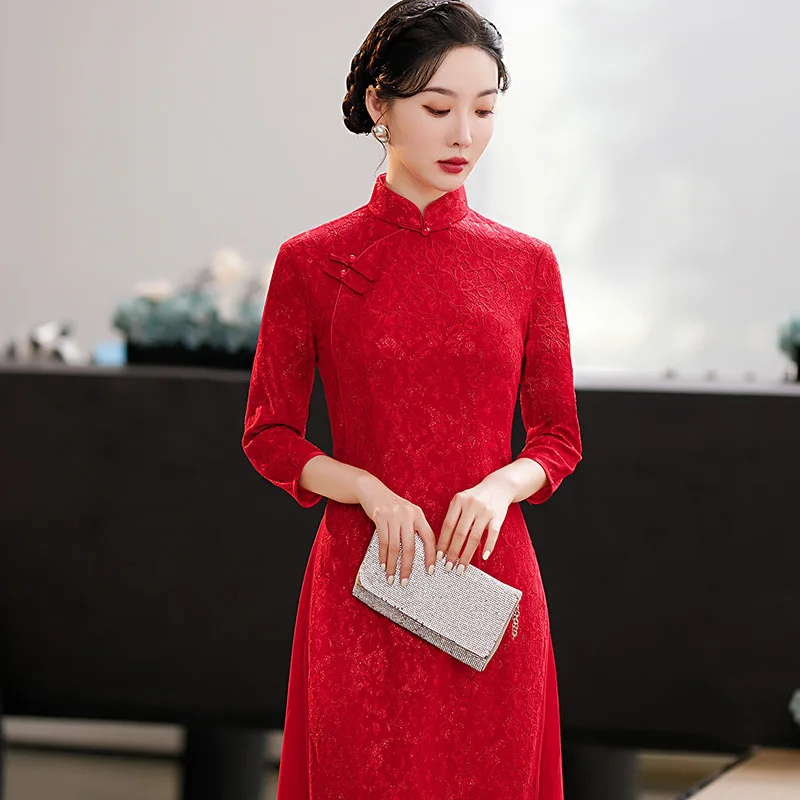 

Yourqipao 2023 Autumn Red Improved Stand Collar Lace Cheongsam Chinese Style Traditional Wedding Evening Dress Qipao for Women