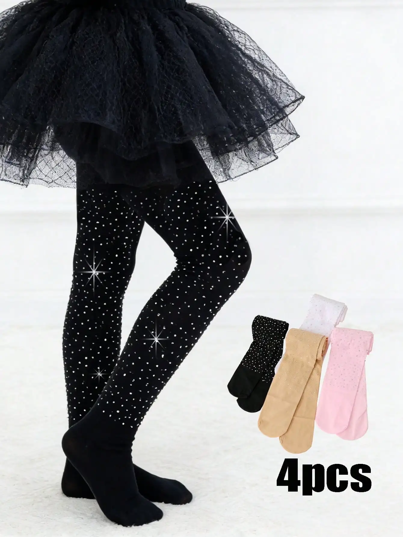 4PCS Kid Girl Shiny Rhinestone Tights Nylon Spandex Elastic Breathable Solid Color Ballet Dance Pantyhose 2-14Y Princess Party