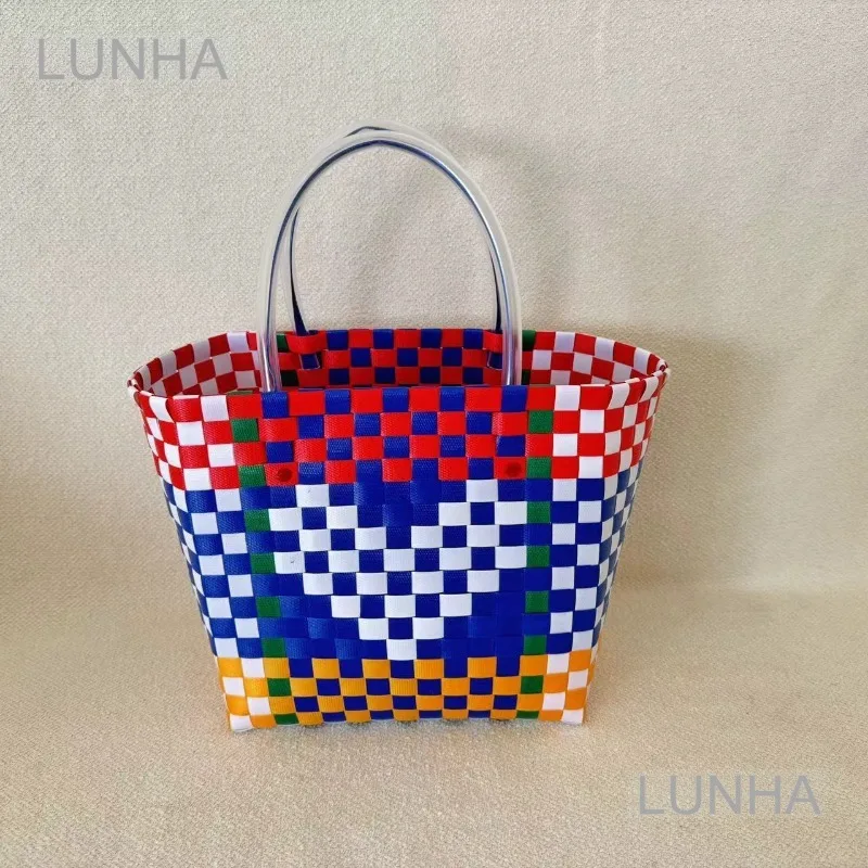 

Сумка-тоут ручной работы, женская сумка-корзина большой емкости, пластик из ПВХ, красочный плед