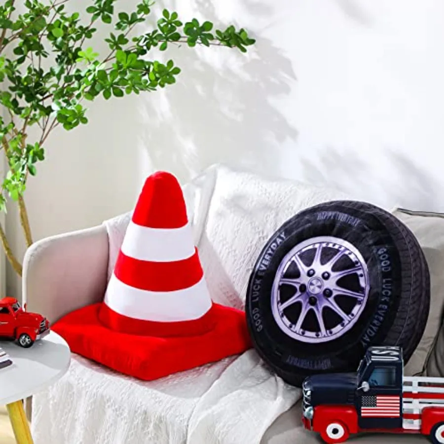 

2 Pcs Race Car Room Decor Racing Plush Throw Pillow Set Gift 15.7 Inch Soft 3D Simulation Wheel Pillow Funny Tire Cone Traffic