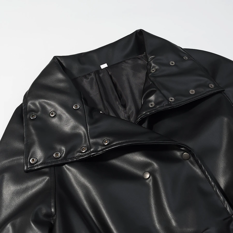 Giacca in pelle nera bella Giacca da donna doppiopetto alla moda versatile casual con coulisse in vita