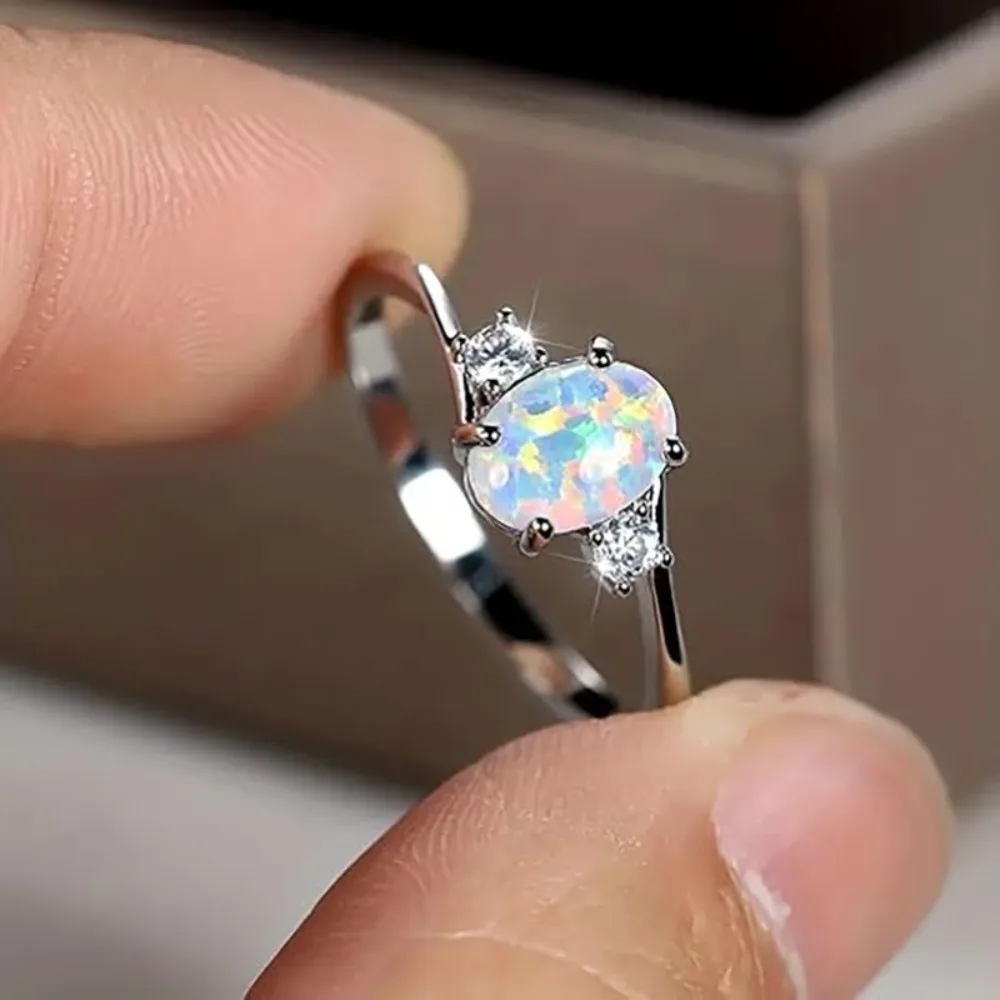 Simple Silver Tone 4 Prong Setting Oval Opalite Ring Dainty Thin Band Side Zircon Accent Promise Rings for Women Jewelry Gifts