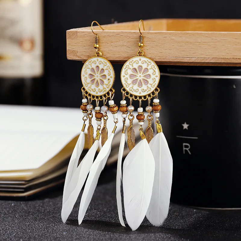 Boho Lange Feder Baumeln frauen Ohrringe Strand Lange Quaste Perlen Handgemachte Blume Emaille Ohrringe Braut Hochzeit Pendientes Mujer – Detail 7