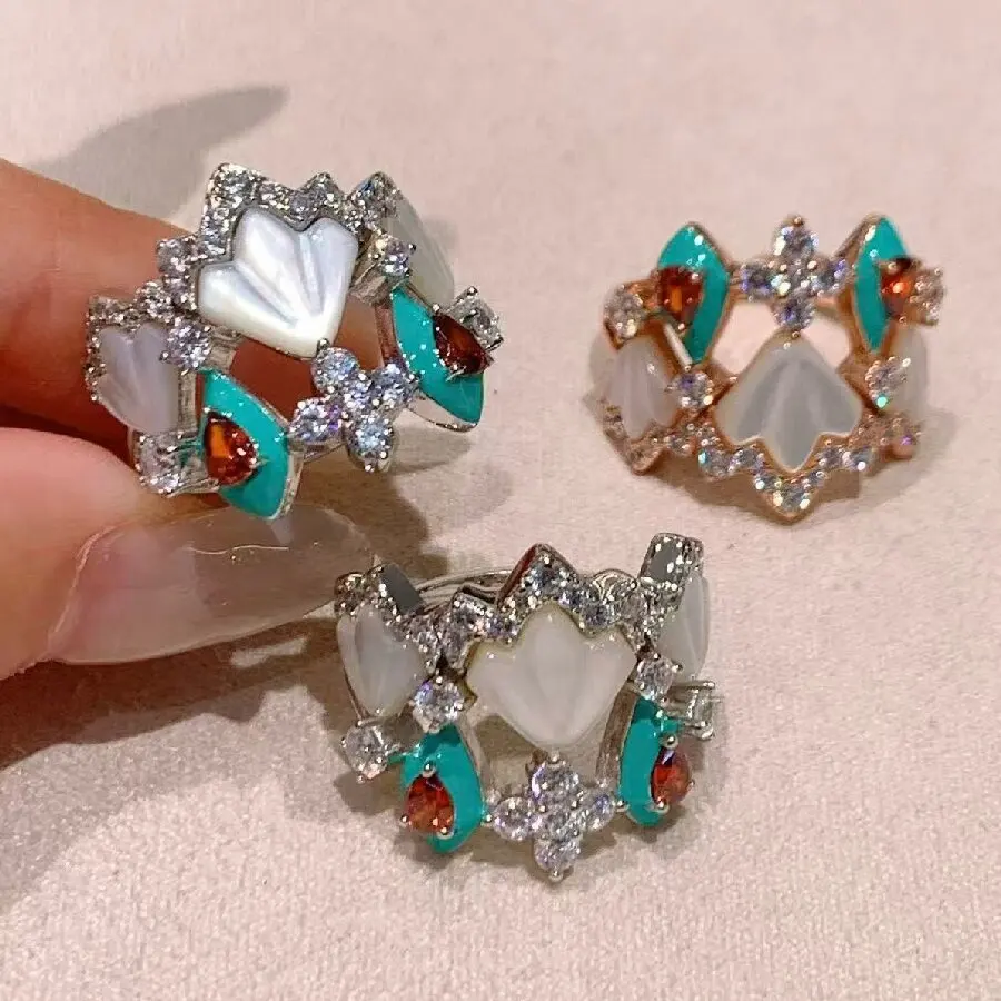 KQDANCE 925 Sterling Silver Luxury Designer Cubic Zircon Ruby Turquoise Mother Of Pearl Ring