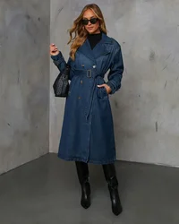 벨트가있는 여성을위한 패션 빈티지 롱 데님 트렌치 코트 느슨한 진 코트 streetwear 봄 가을 숙녀 블루 진 자켓 2025