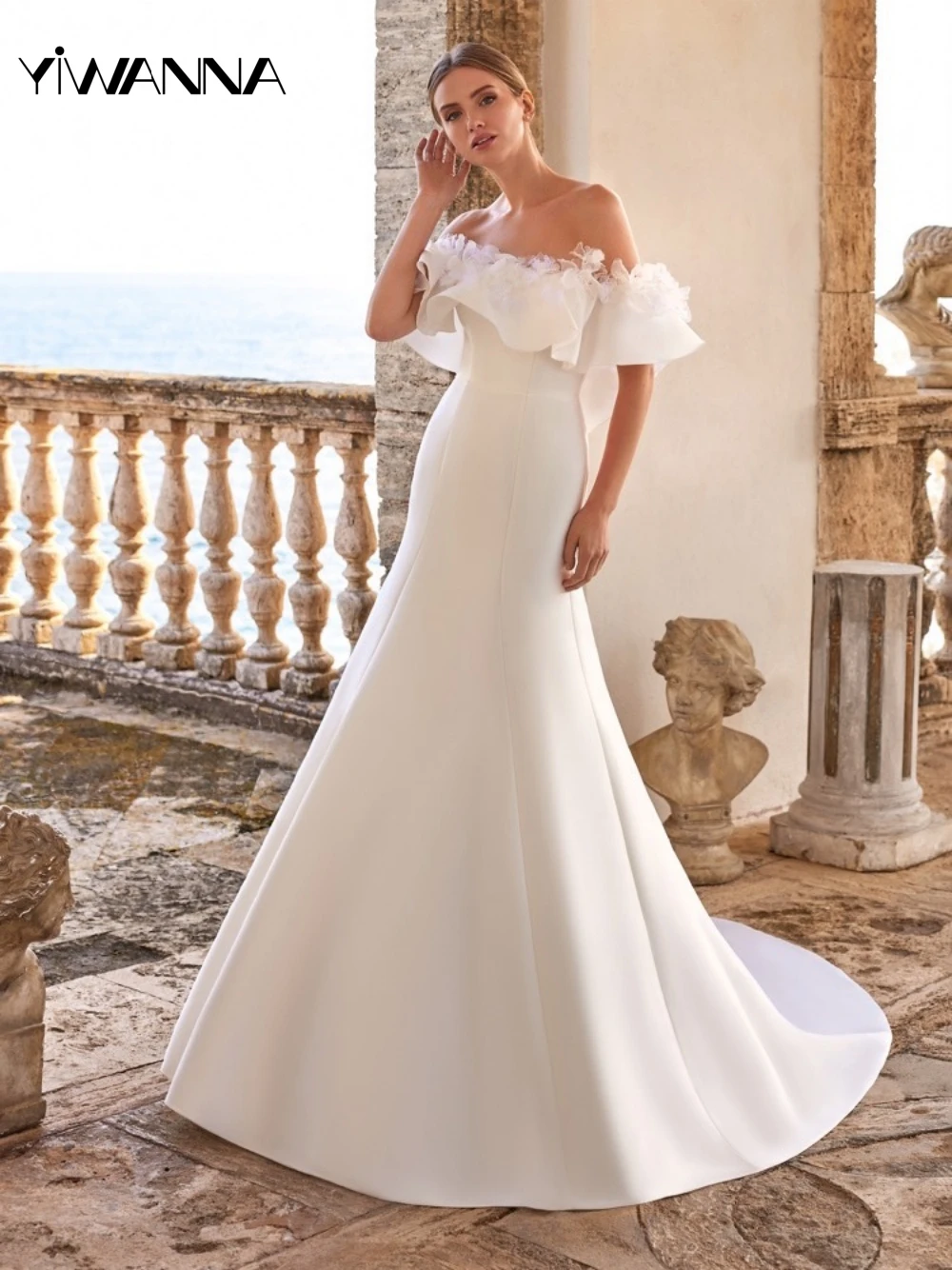 Gracioso fora do ombro vestido de casamento simples apliques noiva robe clássico cetim sereia longo vestido de noiva robe de mariée