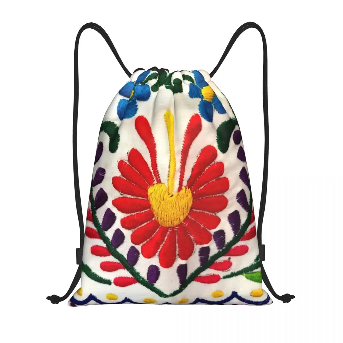 Custom Mexican Flowers Embroidery Drawstring Bags Women Men Lightweight Sports Gym Storage Backpack