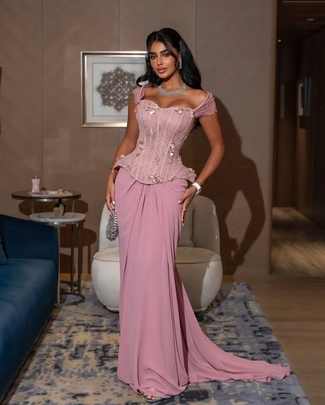 

Ofherown Blush Pink Lace 3D Floral Corset Evening Gown Women Off-the-Shoulder Ruched Chiffon Prom Dress with Train for Party