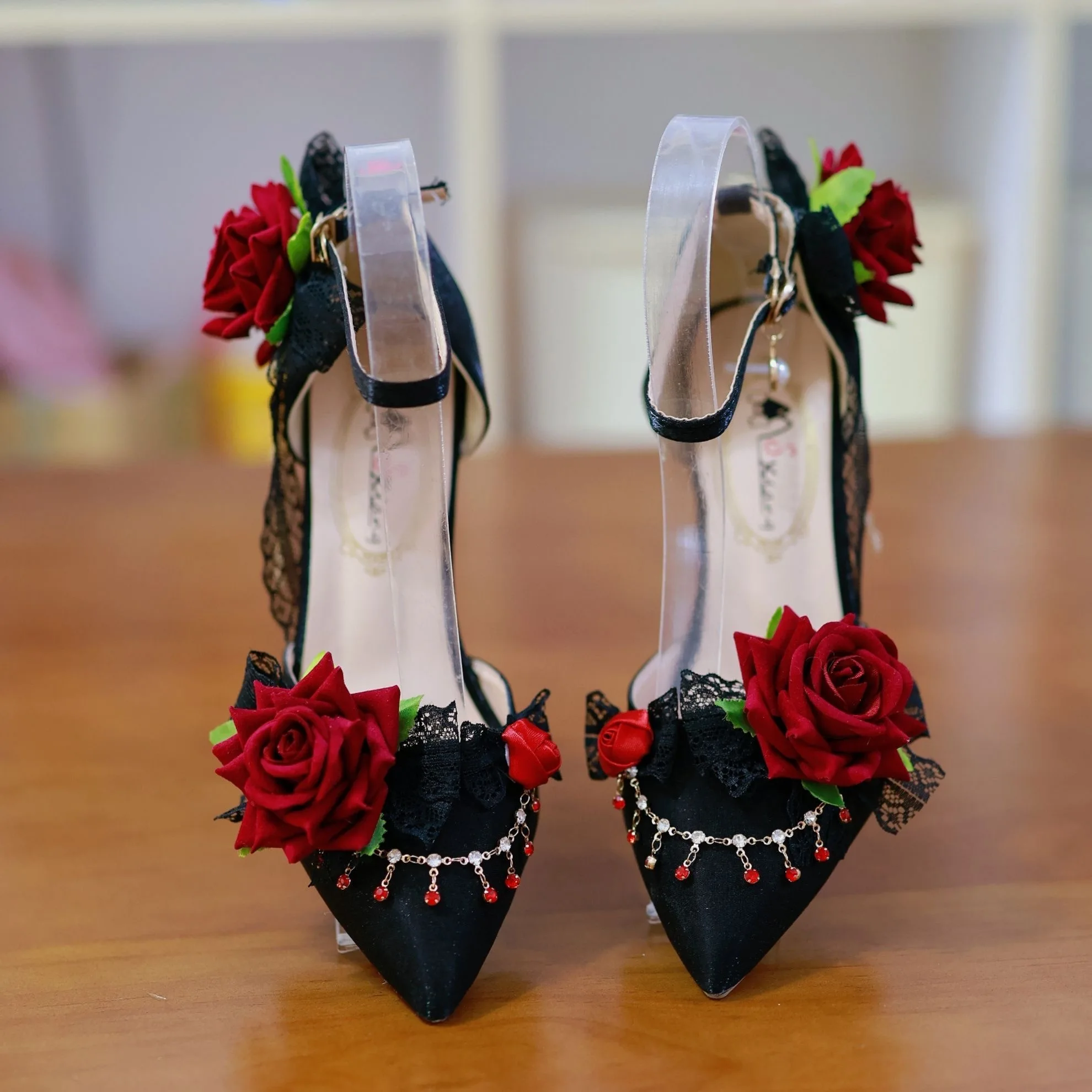 

Elegant woman heeled shoes gothic style rose lace heel shoes bridal Wedding heel lolita heels y2k accessories 2000s red