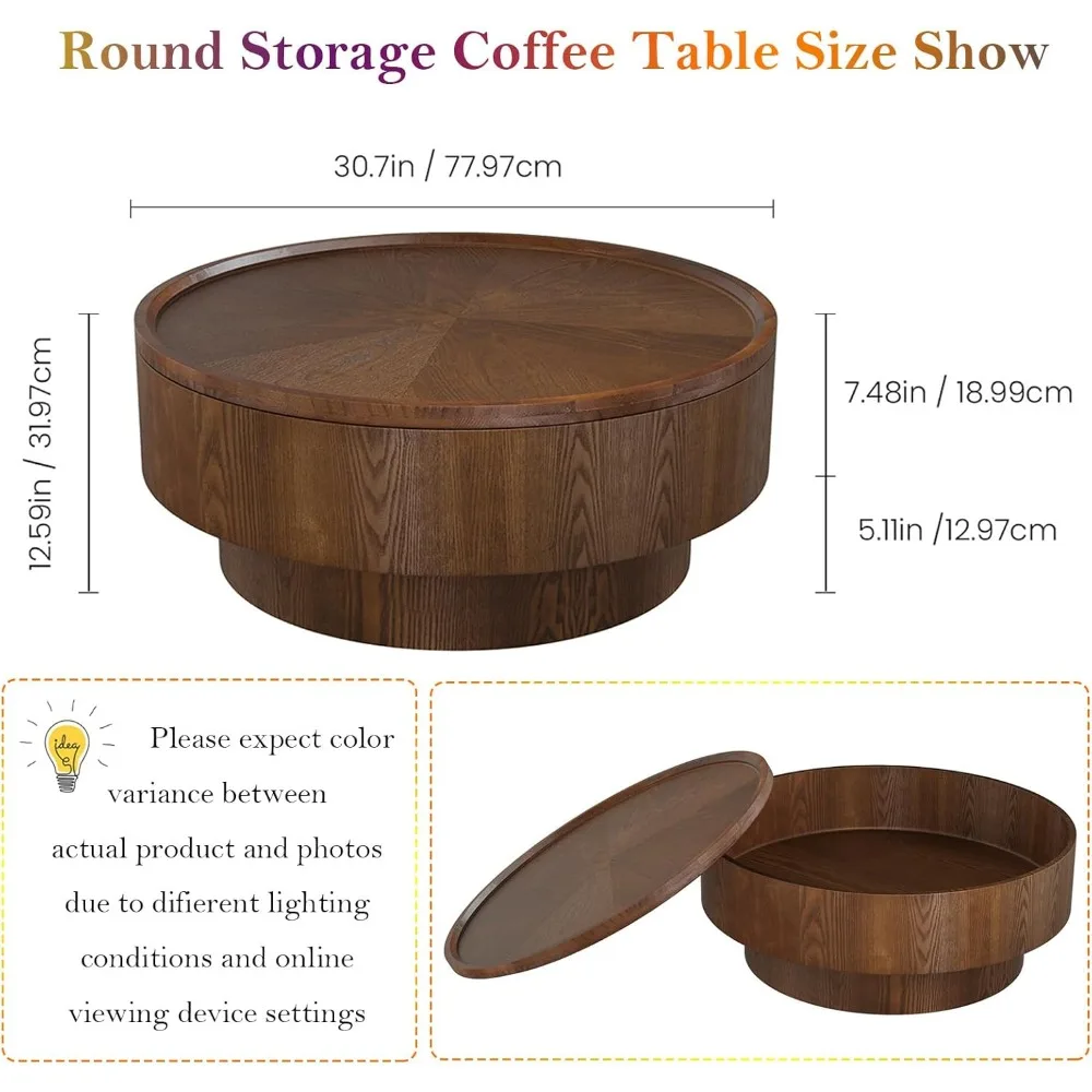 Meja Kopi Bundar Modern Abad Pertengahan dengan Penyimpanan Tersembunyi, Meja Tengah Veneer Kayu Solid untuk Ruang Tamu