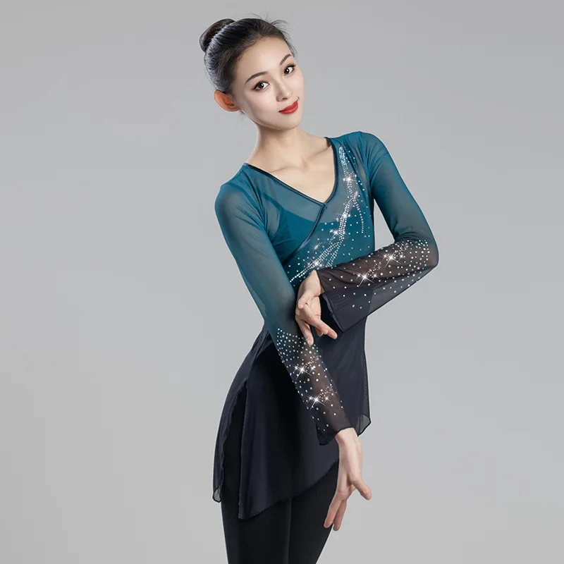 Classical Dance Rhyme Yarn Clothing Folk Dance Top Basic Split Irregular Hem Gradual Change Long Sleeve Drill Rhyme Mesh Clothes