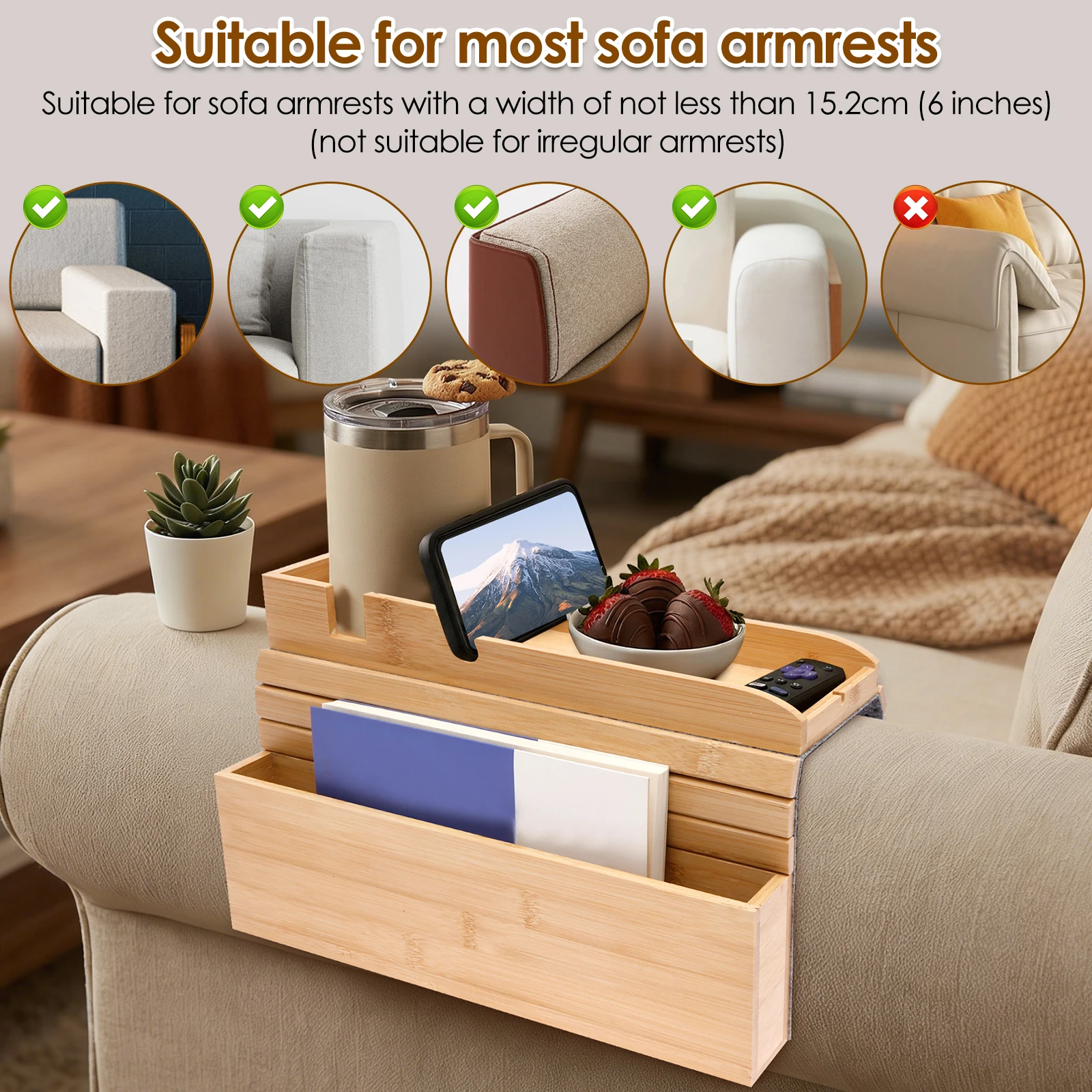 Bamboo Couch Cup Holder Anti-Slip Sofa Armrest Tray Foldable Couch Arm Table for Drink Snack Cellphone TV Remote Control - view 3