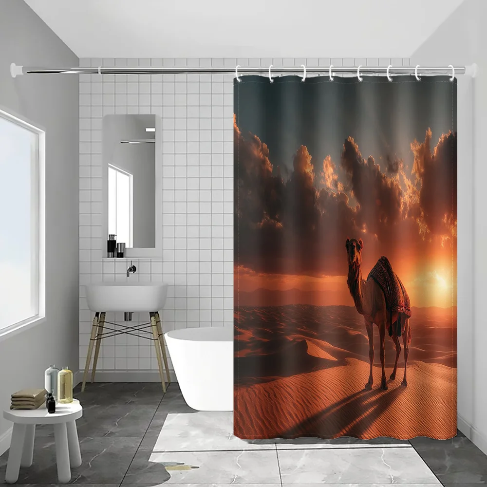 Dramatic Sunset Camel Desert Scene Shower Curtain Bathroom Decor Waterproof Curtain for Modern Home Bathroom