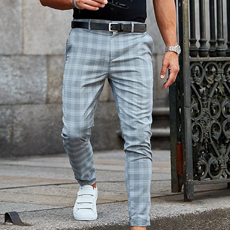 Brand Men's Stripe Plaid Casual Pants Men Cotton Four Seasons High Quality Business Trousers  Slim  Straight Pantalon Homm
