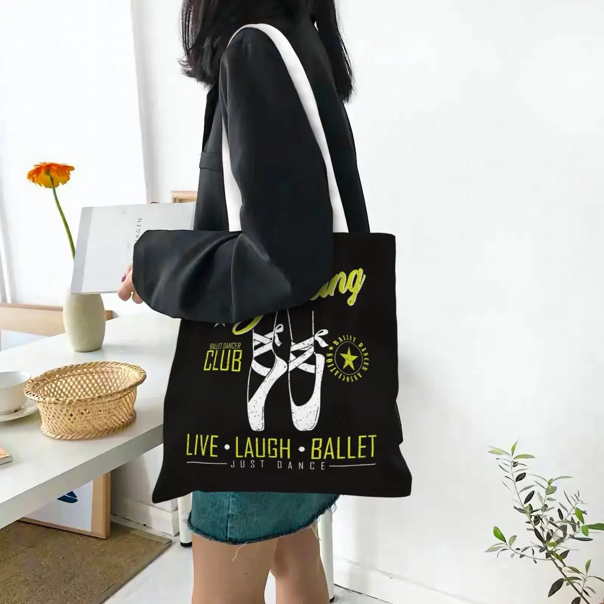 Ballet Dance Makes Me Free Ballerina Dancer Shopping Bags Canvas The Tote Bag Foldable for Girls Shoulder Tote Travel Handbag
