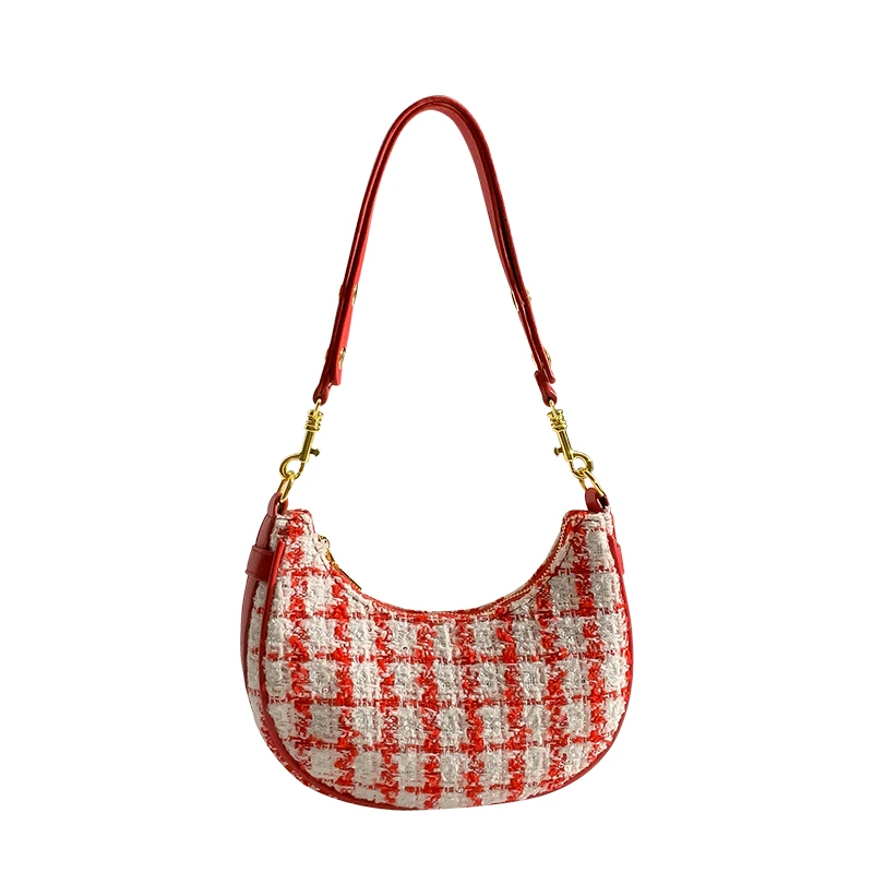 

Faionable Plaid Underarm Bag Women's Handbag CAEISLKCIEL New Moon ape Single oulder Bag Trendy Cact Size PU Material