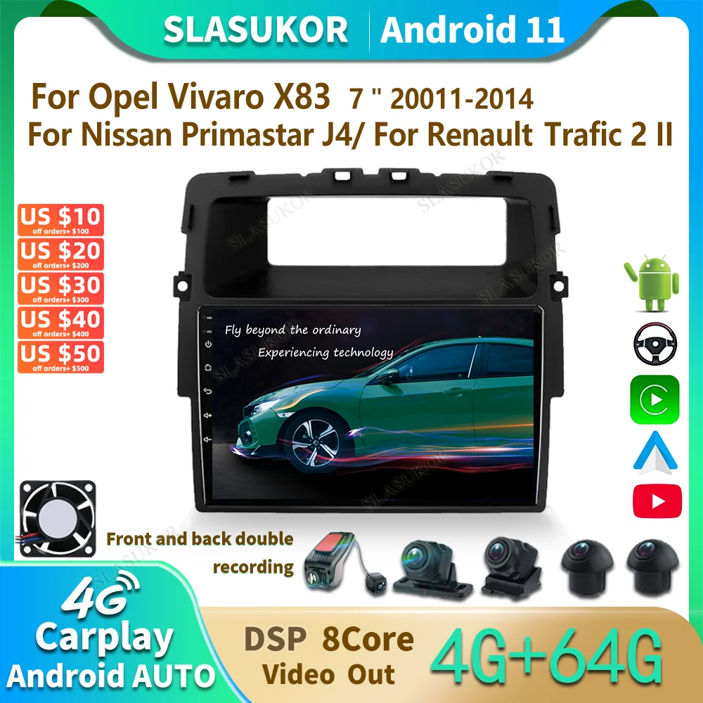 

Автомагнитола 7 дюймов, мультимедийный плеер на Android 11, с GPS, IPS, для Nissan Primastar J4, Opel Vivaro X83, Renault Trafic II