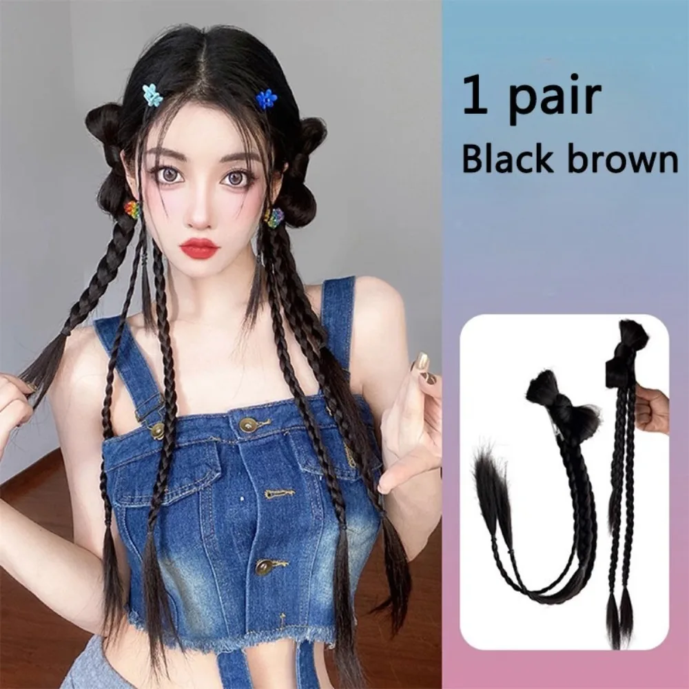 

2pcs Sweet Extensions Wig ponytail Long Black Bow Braid Ponytail Brown Braided Hair Hairpin Spicy Girl