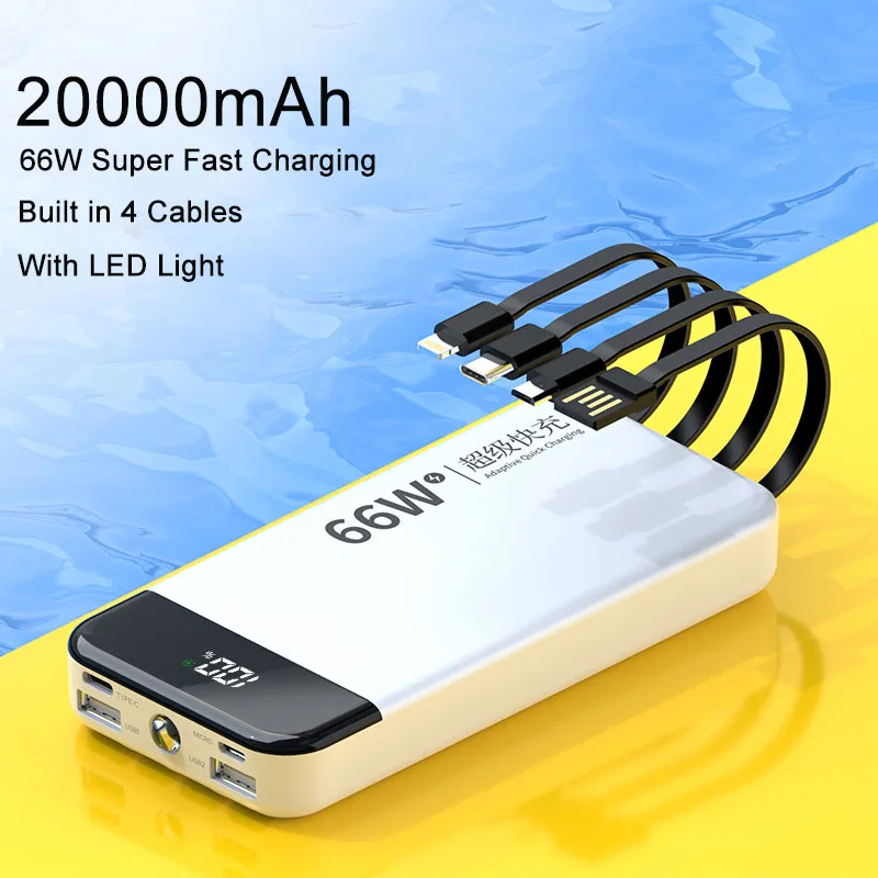 Портативное зарядное устройство Power Bank 20000 мАч с кабелями, светодиодная подсветка, 66 Вт, сверхбыстрая зарядка, Powerbank для iPhone 15 Xiaomi Samsung Huawei Портативное зарядное устройство Power Bank 20000 мАч с кабелями, светодиодная подсветка, 66 Вт, сверхбыстрая зарядка, Powerbank для iPhone 15 Xiaomi Samsung Huawei