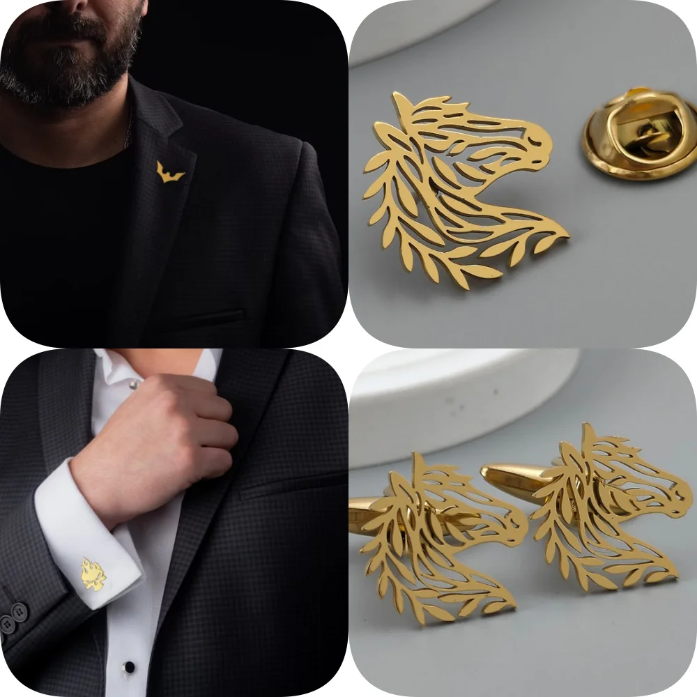 

Fashionable branch horse head gold plated stainless steel brooch, men's suit lapel pin, shirt buttons, cufflinks and badge set