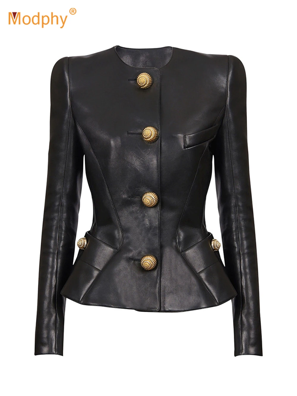 Modphy 2025 New Women'S Black Pu Leather Shiny Shrug Slim Small Suit High Quality Y2K Button Decorated Fashion Jacket