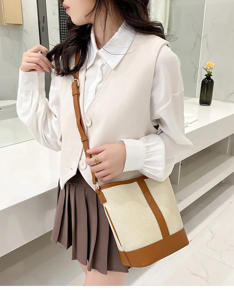 Patchwork Bucket Crossbody Bag for Women 2023 New Designer Brand Shoulder bags Small PU Leather ladies Handbags and Purses