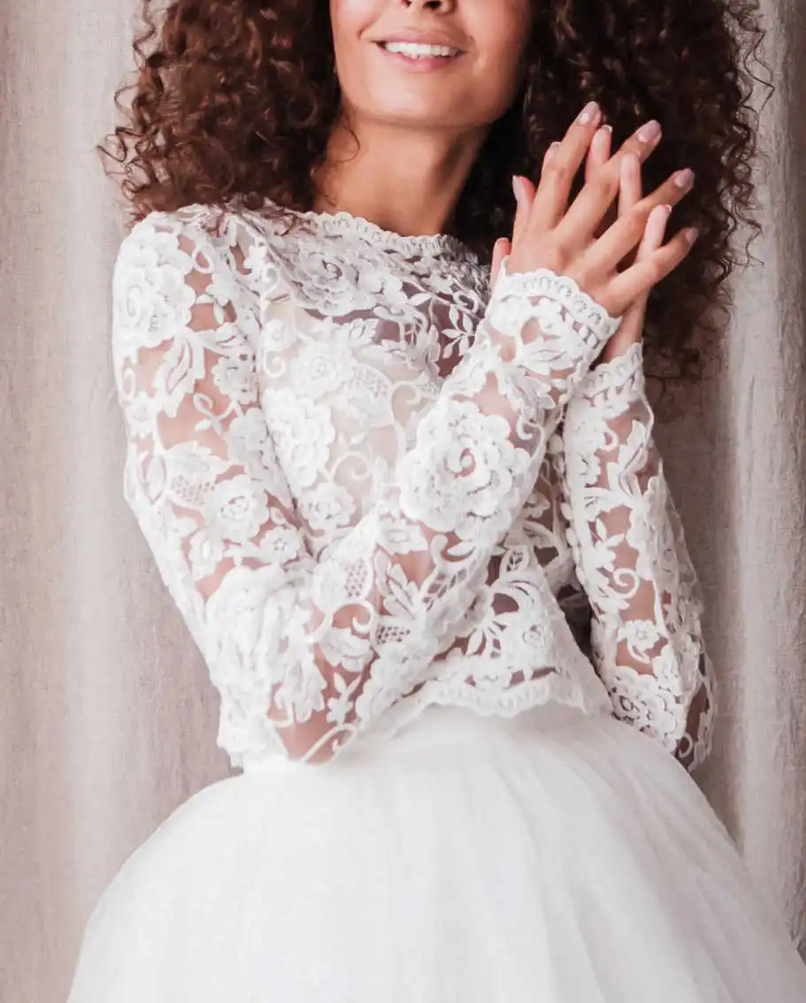 Elegant High-Neck Sheer Bridal Jacket Floral Lace Long Sleeves Back Button Brides Wedding Accessories Bride To Be Customized