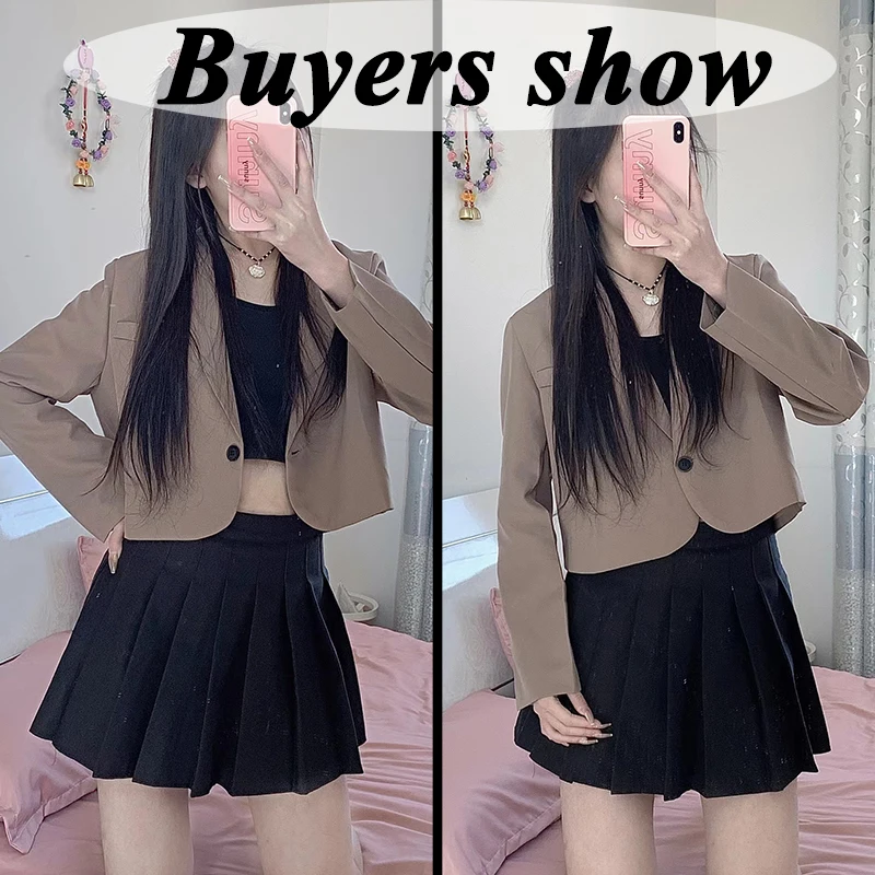 Lucyever Korean Cropped Blazers Women Solid Color Simple Single-button Outwear Teens All-match Long Sleeve Office Suit Jacket