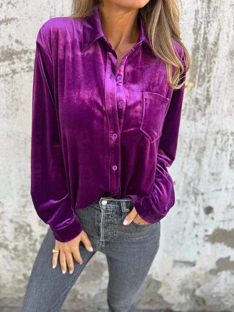 Autumn Winter Gold Velvet Pocket Shirt For Women 2024 Lapel Long Sleeve Button Blouse Top Fashion Loose Solid Color Top Female