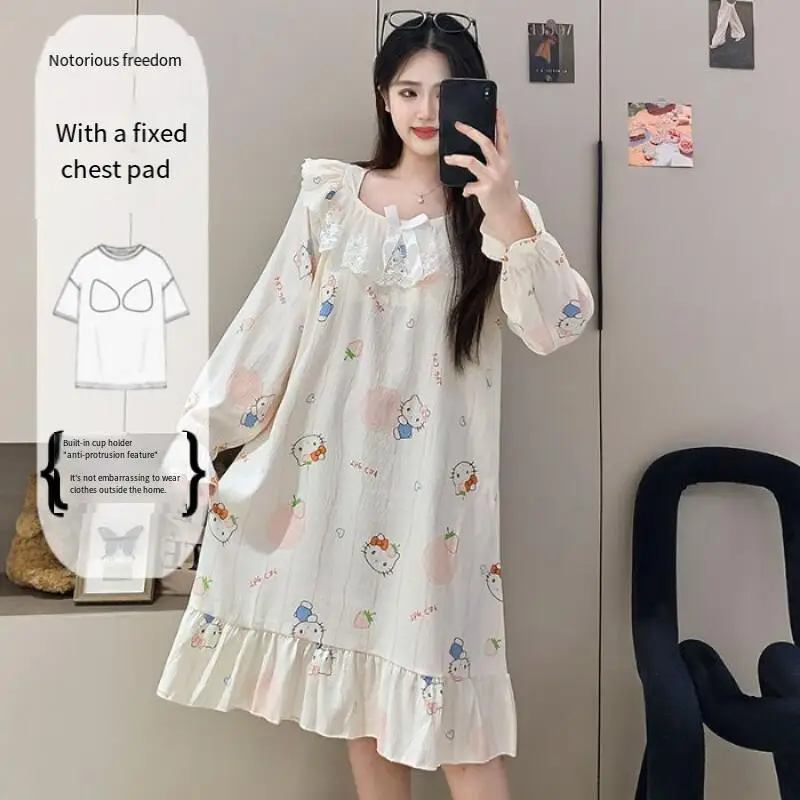 

Женская юбка для сна Hello Kitty, кавайная осенняя пижама с длинными рукавами и рисунком молодой девушки, хлопковая домашняя одежда с облаком, платье, новинка